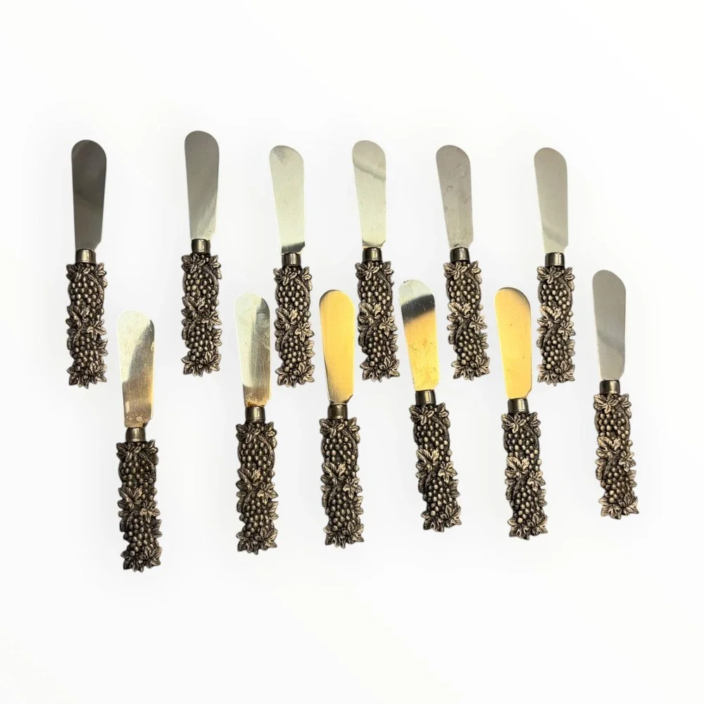 Vintage Grapevine Cheese Spreader Set 12 Piece Silver Tone Harvest Charcuterie